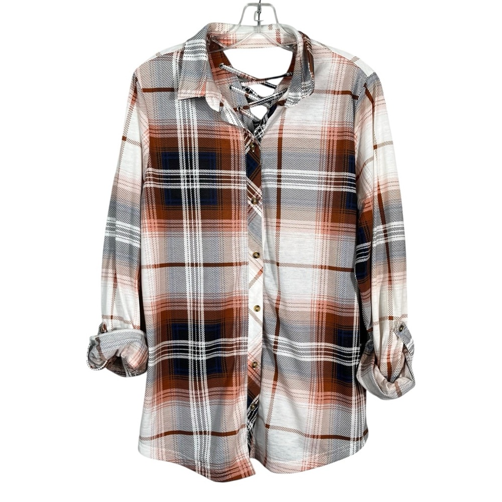 Modish Rebel Buckle White Orange Plaid Cutout Lace Up Back Button Down Western